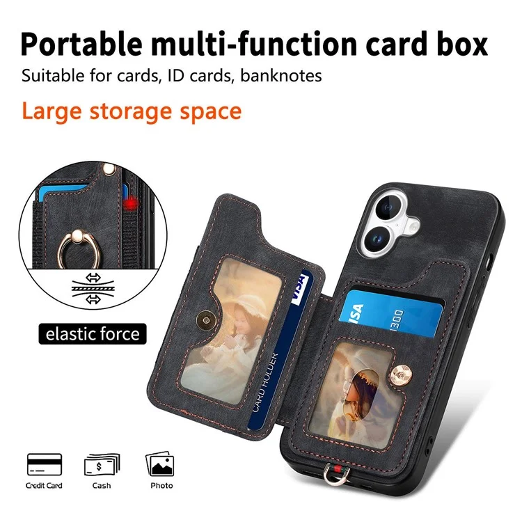 Para Iphone 16 Plus Case RFID Bloque de Cuero de Bolso de Bolso+ranuras de la Tarjeta de Tapa Del Teléfono Tpu, Soporte de Anillo - Negro