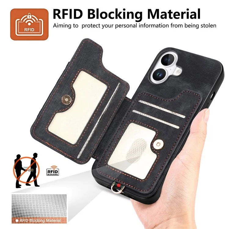 Para Iphone 16 Plus Case RFID Bloque de Cuero de Bolso de Bolso+ranuras de la Tarjeta de Tapa Del Teléfono Tpu, Soporte de Anillo - Negro