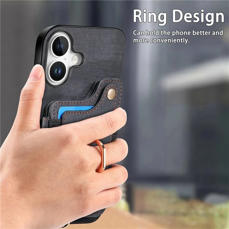Para Iphone 16 Plus Case RFID Bloque de Cuero de Bolso de Bolso+ranuras de la Tarjeta de Tapa Del Teléfono Tpu, Soporte de Anillo - Negro