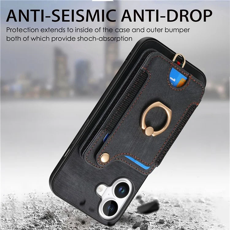 Para Iphone 16 Plus Case RFID Bloque de Cuero de Bolso de Bolso+ranuras de la Tarjeta de Tapa Del Teléfono Tpu, Soporte de Anillo - Negro