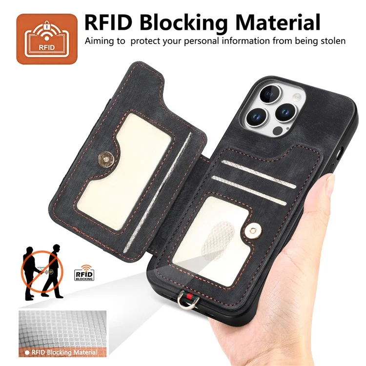 Pour Iphone 16 Pro Max Case RFID Blocking Handsbag Leather + Tpu Tpup Téléphone Cador Slots, Porte-anneau - Noir