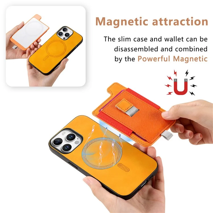 For iPhone 16 Pro Max Skin-Touch Case Leather+TPU Detachable Phone Case with Card Bag - Yellow