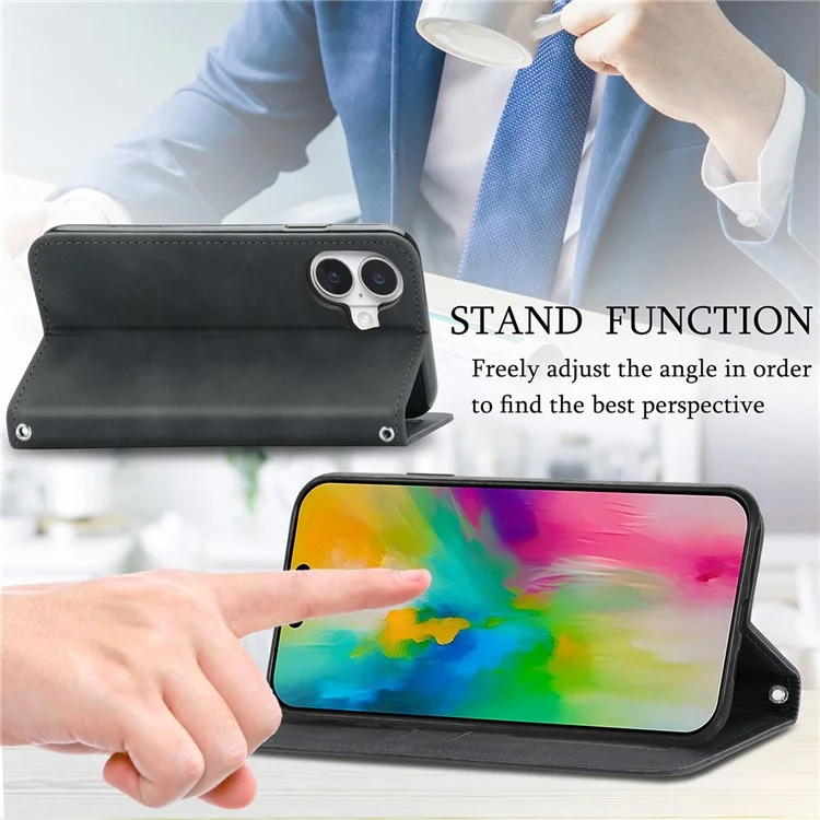 Pour Iphone 16 Case Skin Touch Feeling Portefeuille en Cuir Couverture de Téléphone Absorption Magnétique - Noir