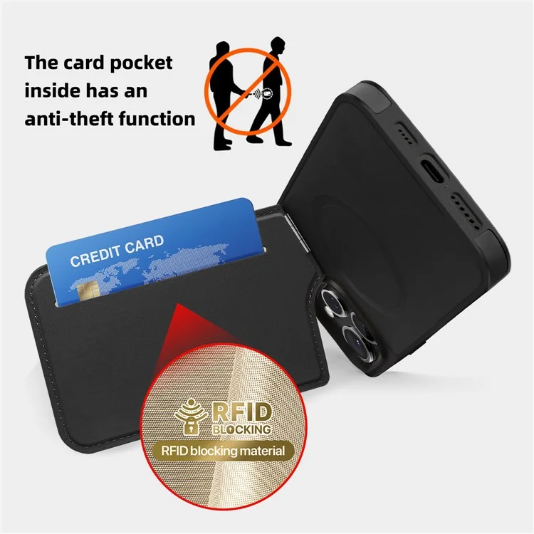 Für Iphone 16 Pro Magnetic Phone Case RFID Blocking Card Slot Leder -back -telefonabdeckung - Schwarz