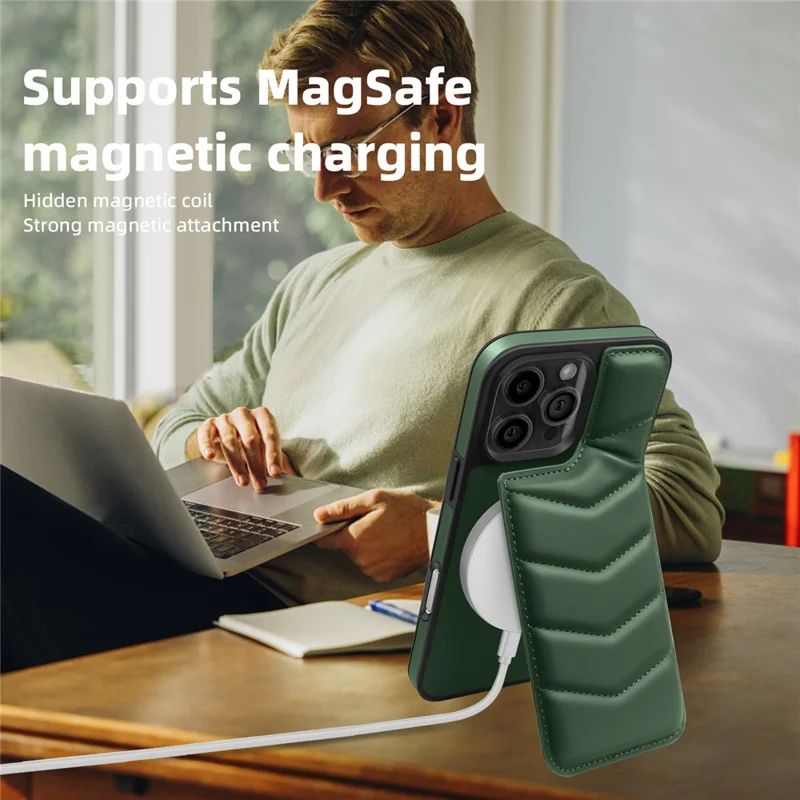 For iPhone 16 Pro Case Compatible with MagSafe RFID Blocking Card Slot Leather Back Cover - Green