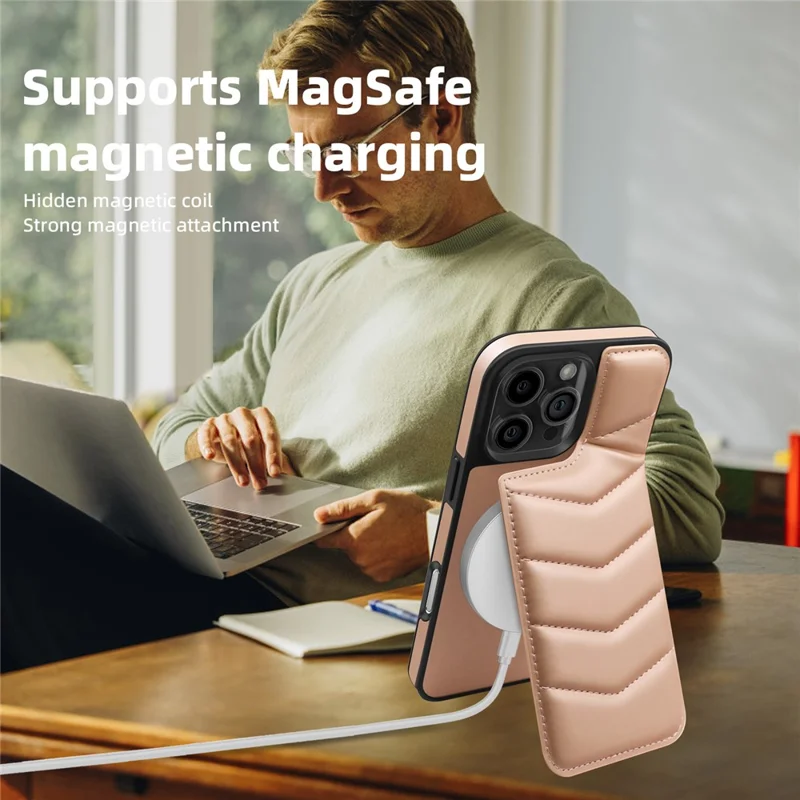 For iPhone 16 Pro Max Case Compatible with MagSafe RFID Blocking Card Slot Leather Back Cover - Pink