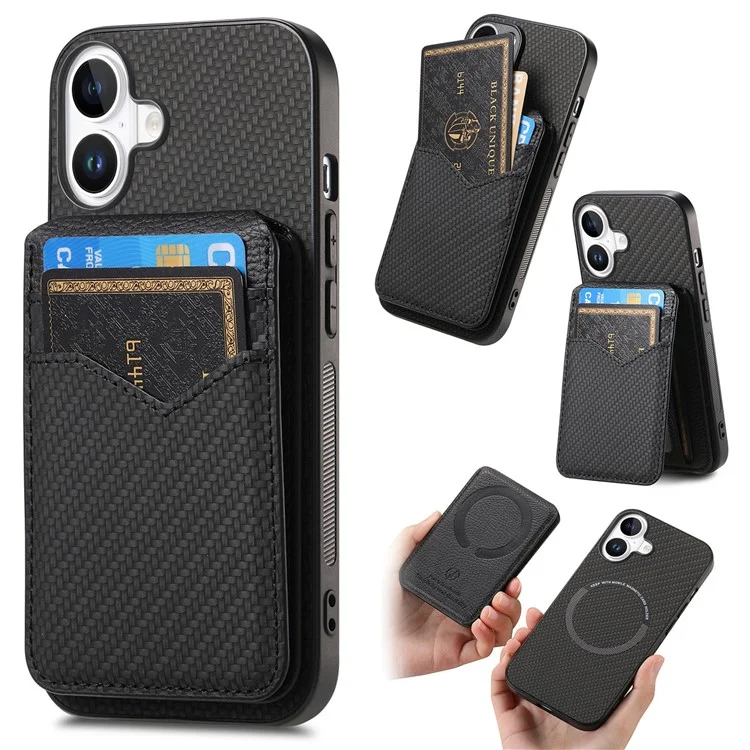 Para iPhone 16 Plus Case Carbon Fiber Texture Leather+TPU Kickstand Phone Cover Detachable Card Holder - Preto