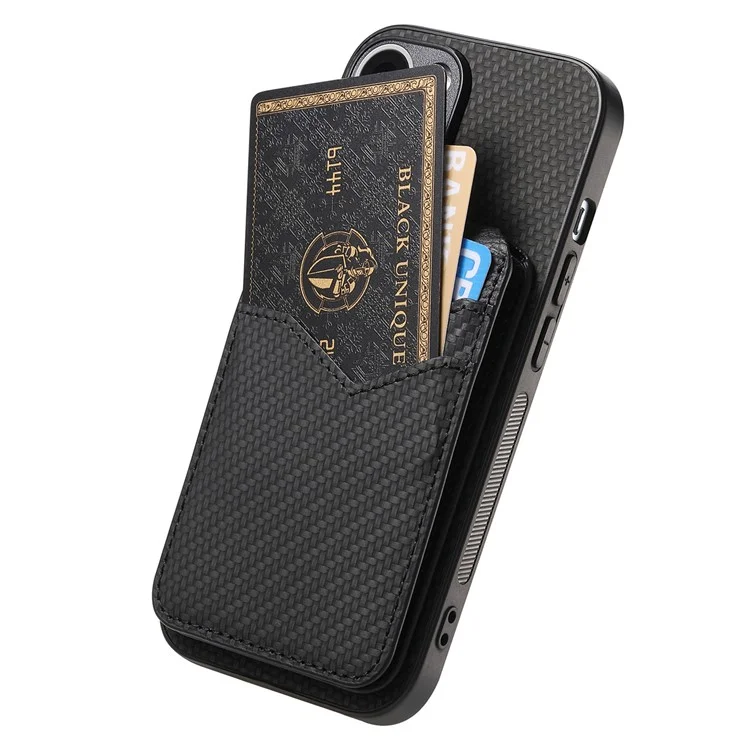 Para iPhone 16 Plus Case Carbon Fiber Texture Leather+TPU Kickstand Phone Cover Detachable Card Holder - Preto
