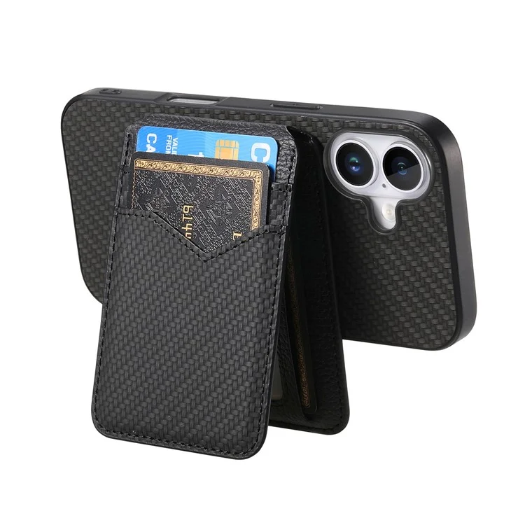 Para iPhone 16 Plus Case Carbon Fiber Texture Leather+TPU Kickstand Phone Cover Detachable Card Holder - Preto
