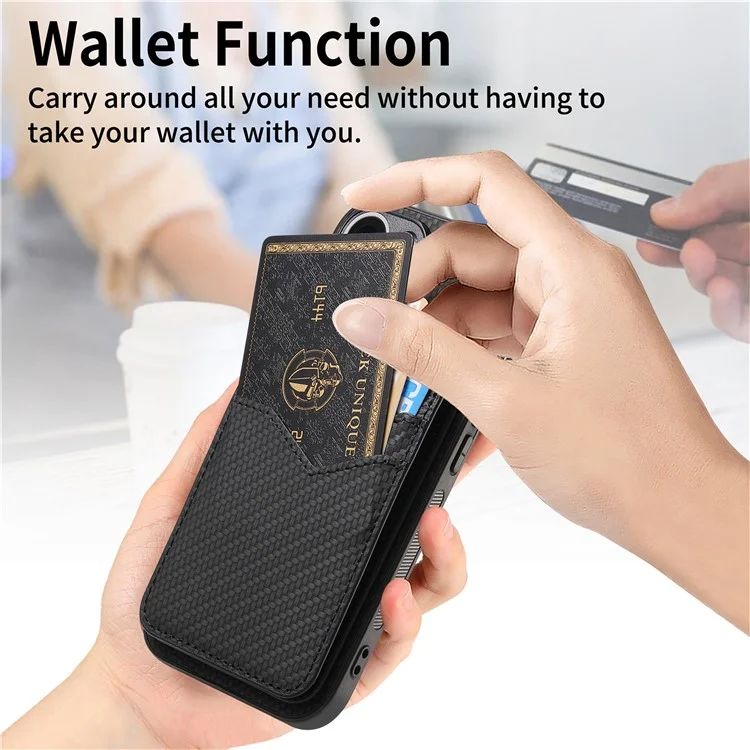 Para iPhone 16 Plus Case Carbon Fiber Texture Leather+TPU Kickstand Phone Cover Detachable Card Holder - Preto