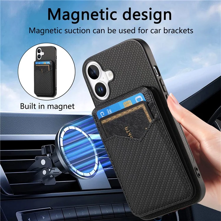 Para iPhone 16 Plus Case Carbon Fiber Texture Leather+TPU Kickstand Phone Cover Detachable Card Holder - Preto