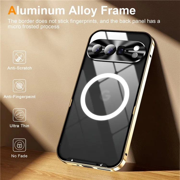 For Google Pixel 9 Pro Case Compatible with MagSafe Metal Frame Matte Phone Cover - Gold