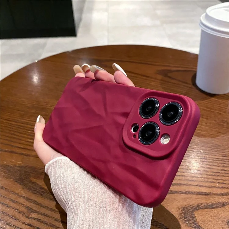 For iPhone 16 Pro Case Wrinkle Texture Matte Soft TPU Protective Phone Cover - Wine Red
