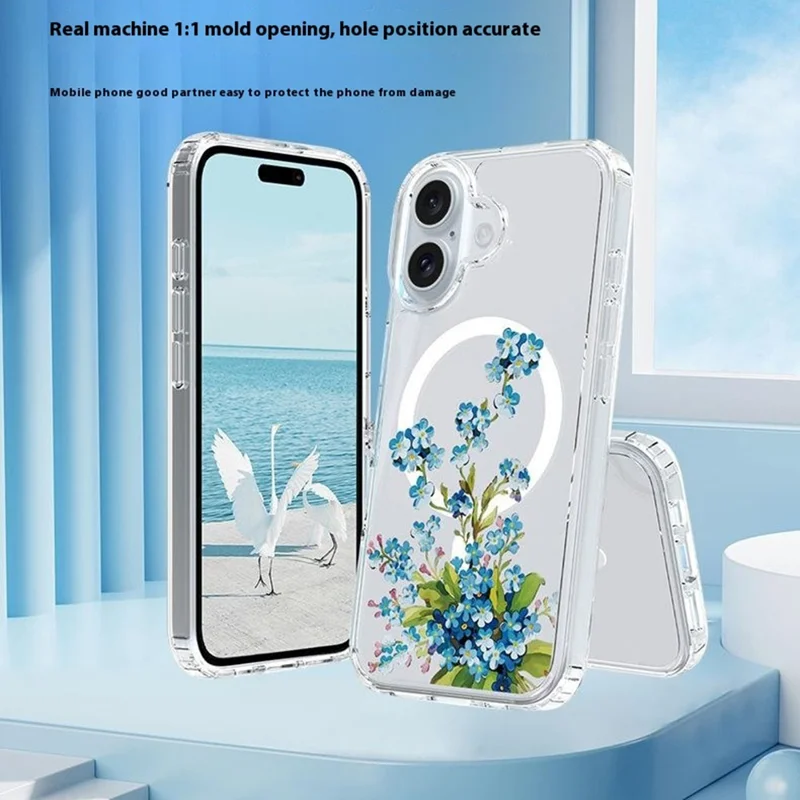 For iPhone 16 Case Compatible with MagSafe Flower Pattern Printing TPU+PC Phone Cover - Style C