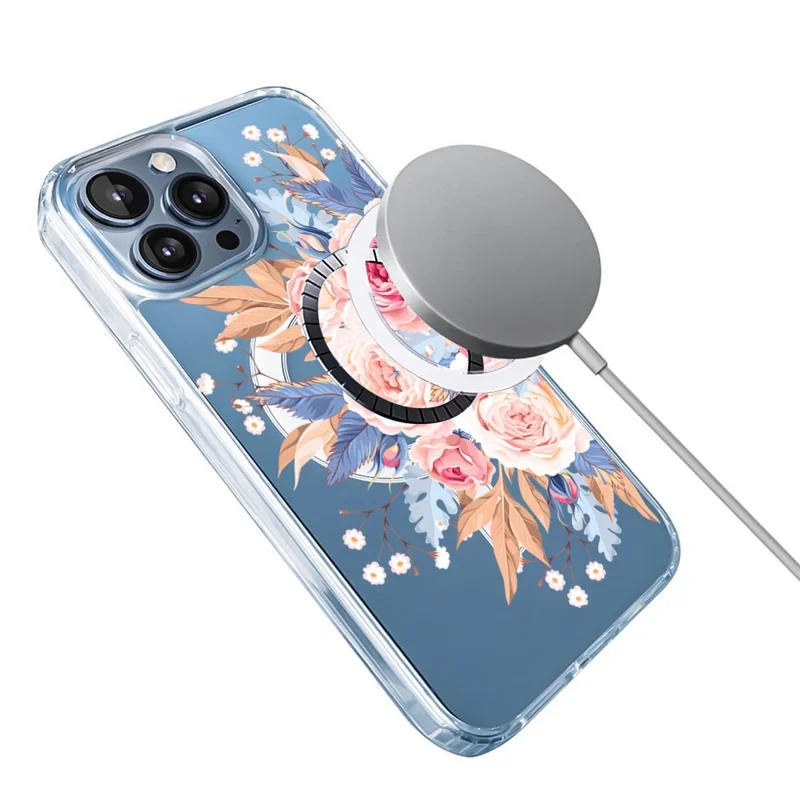 For iPhone 16 Pro Case Compatible with MagSafe Flower Pattern Printing TPU+PC Phone Cover - Style B