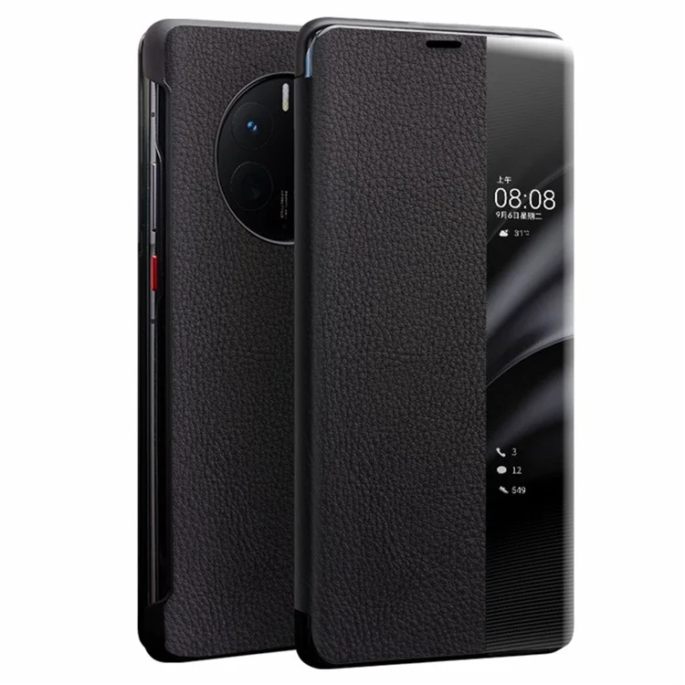 QIALINO Pour Huawei Mate 50 Pro 4G Vue Fenêtre Véritable Folio Étui Rabattable Téléphone En Cuir Toucher Bouton Coulissant Auto Réveil / Veille Couverture - Noir