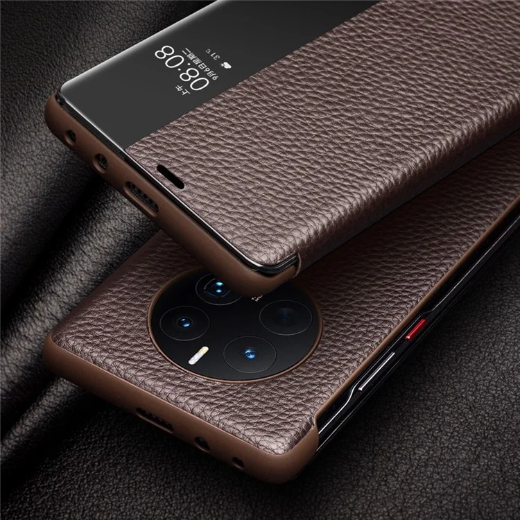 QIALINO Pour Huawei Mate 50 Pro 4G Vue Fenêtre Véritable Folio Étui Rabattable Téléphone En Cuir Toucher Bouton Coulissant Auto Réveil / Veille Couverture - Noir