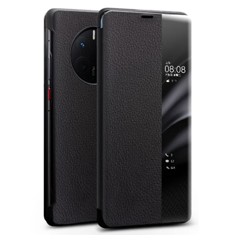 Qialino Pour Huawei Mate 50 4G / Mate 50e 4G Vieux Vieux Vélication Cuir Tock Tock Slipt Bouton Étui de Téléphone Avec Sillage Automatique / Dormir - le Noir