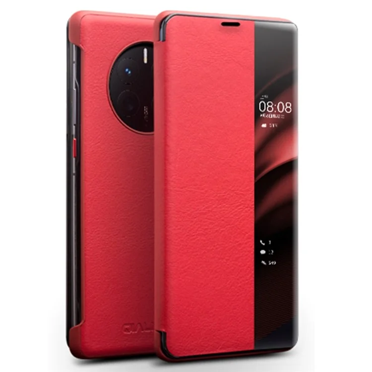 Qialino Para Huawei Mate 50 4g / Mate 50e 4G View Window Window Leather Touch Slide Button Case Com Acordar Automático / Dorme - Vermelho