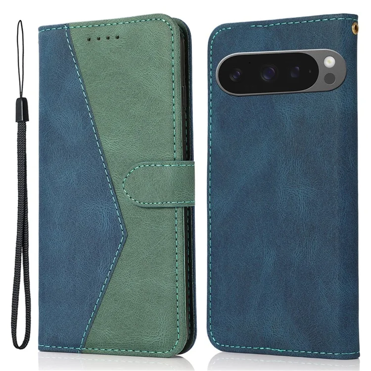 Für Google Pixel 9 Pro XL Cover Color Spleißen Brieftasche Leder -telefonhülle Mit Handgelenkriemen - Blau+grün