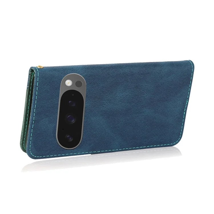 Für Google Pixel 9 Pro XL Cover Color Spleißen Brieftasche Leder -telefonhülle Mit Handgelenkriemen - Blau+grün