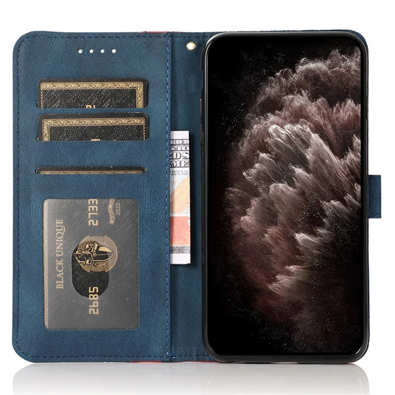 For Google Pixel 9 Pro XL Cover Color Splicing Wallet Stand Leather Phone Case with Wrist Strap - Red+Blue
