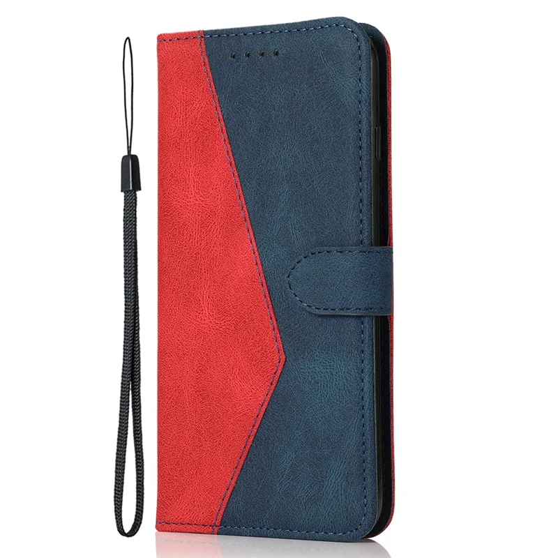For Google Pixel 9 Pro XL Cover Color Splicing Wallet Stand Leather Phone Case with Wrist Strap - Red+Blue