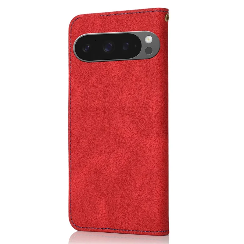 For Google Pixel 9 Pro XL Cover Color Splicing Wallet Stand Leather Phone Case with Wrist Strap - Red+Blue