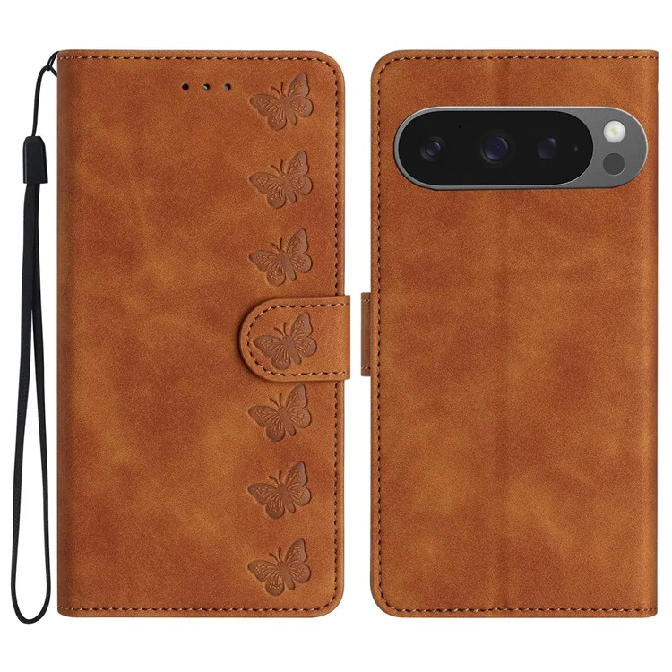Для Google Pixel 9 Pro XL Case Imprinted Butterfly Leather Wallet Cover Phone - Коричневый