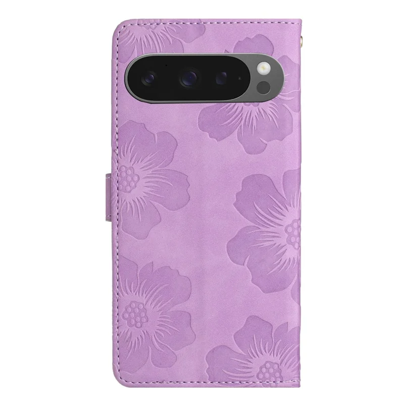 For Google Pixel 9 Pro XL Case Flower Design Leather Wallet Phone Cover with Wrist Strap - Purple