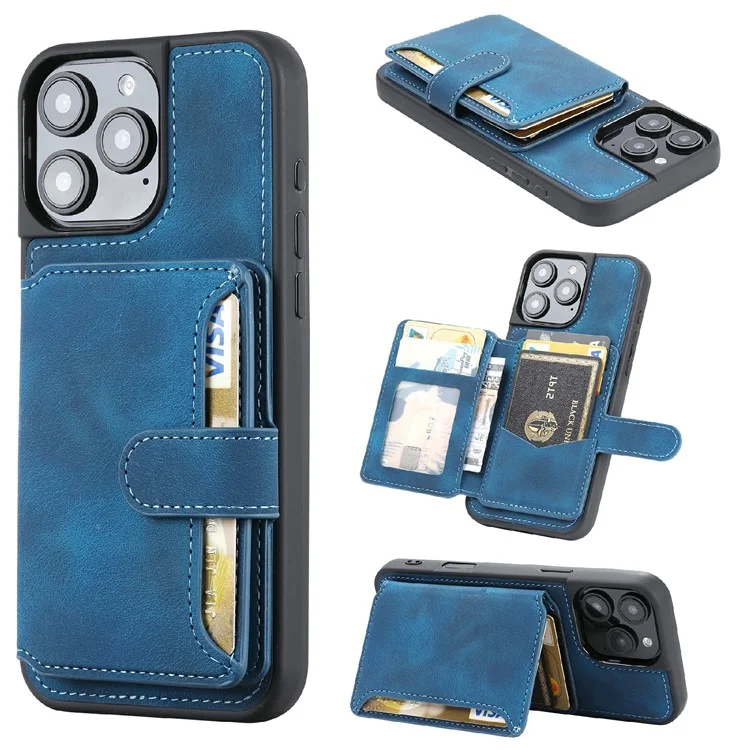Para Iphone 16 Pro Max Case Wallet Card Slot TPU+PU Caparo Capela Tape de Tolo - Azul-marinho
