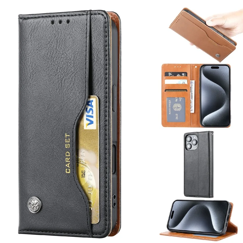 Funda para iPhone 16 Pro Max Cell Phone Case Cierre magnético Cubierta de pie de cuero sintético - Negro