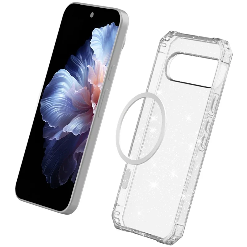 For Google Pixel 9 / 9 Pro Magnetic Case Protective TPU+PC Hybrid Phone Cover - Clear Glitter