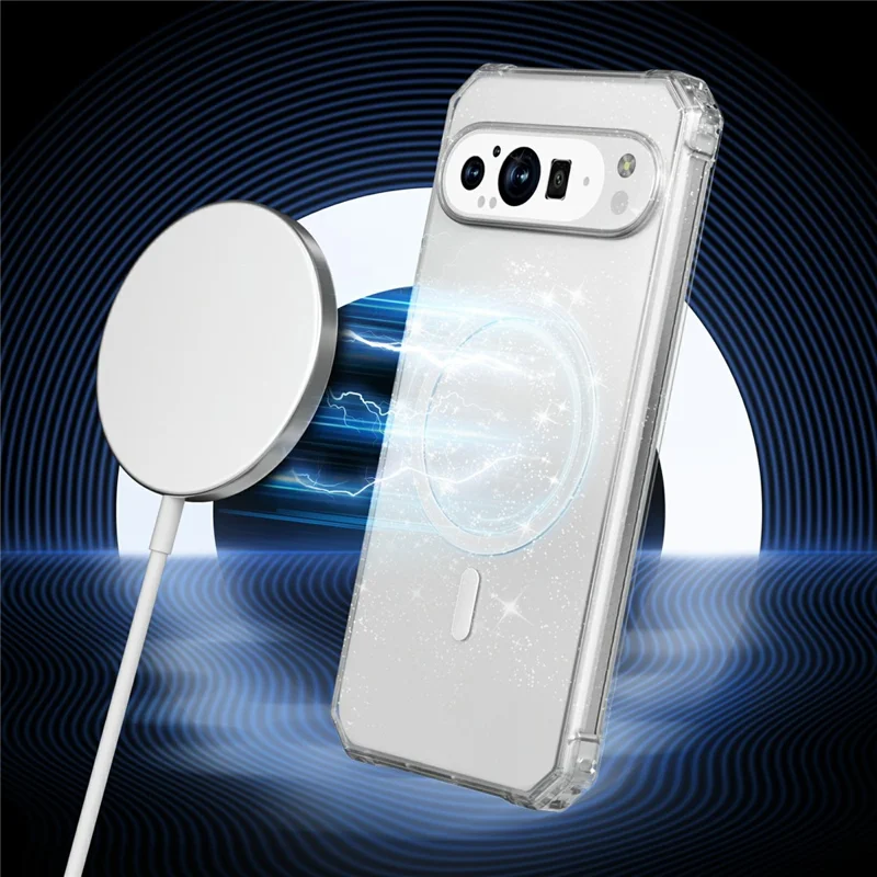 For Google Pixel 9 / 9 Pro Magnetic Case Protective TPU+PC Hybrid Phone Cover - Clear Glitter