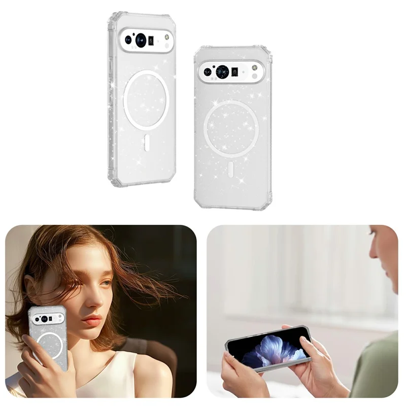 For Google Pixel 9 / 9 Pro Magnetic Case Protective TPU+PC Hybrid Phone Cover - Clear Glitter