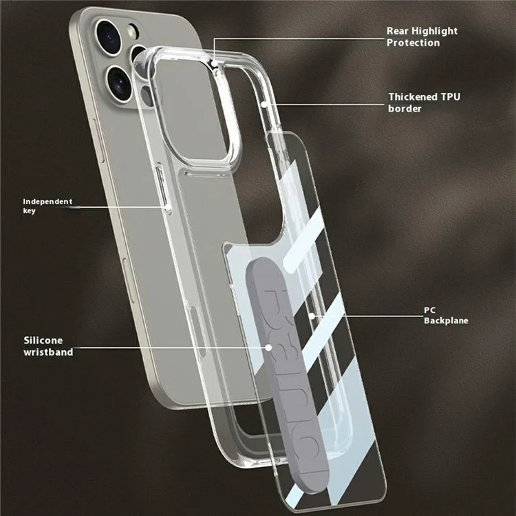 GKK Für iPhone 16 Pro Max Crystal Clear Case Anti-Drop TPU+PC Phone Cover mit Silikon-Handschlaufe - Grau