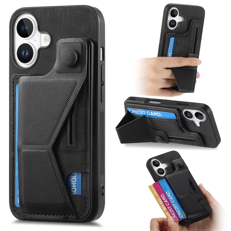 Для Iphone 16 Case Retro Leather Back Cover Slot Spot Stand Stand - Черный