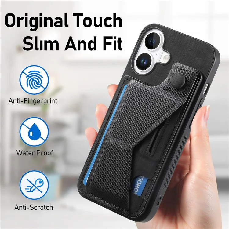 Для Iphone 16 Case Retro Leather Back Cover Slot Spot Stand Stand - Черный