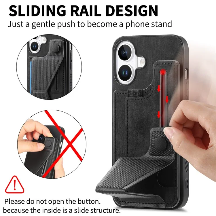 Для Iphone 16 Case Retro Leather Back Cover Slot Spot Stand Stand - Черный