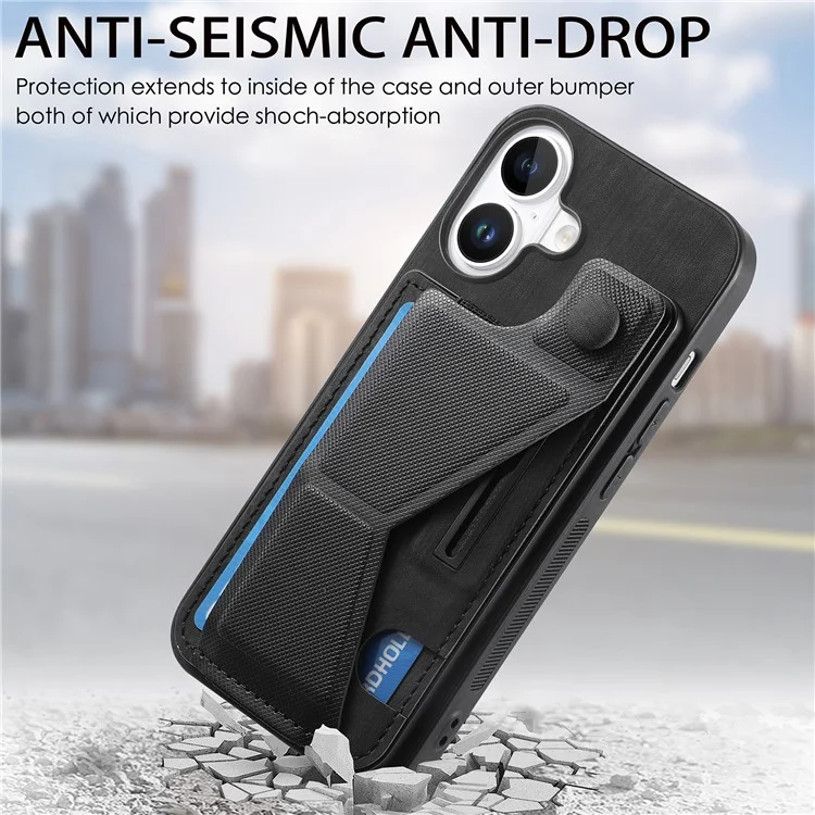 Для Iphone 16 Case Retro Leather Back Cover Slot Spot Stand Stand - Черный