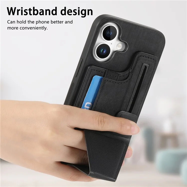 Для Iphone 16 Case Retro Leather Back Cover Slot Spot Stand Stand - Черный