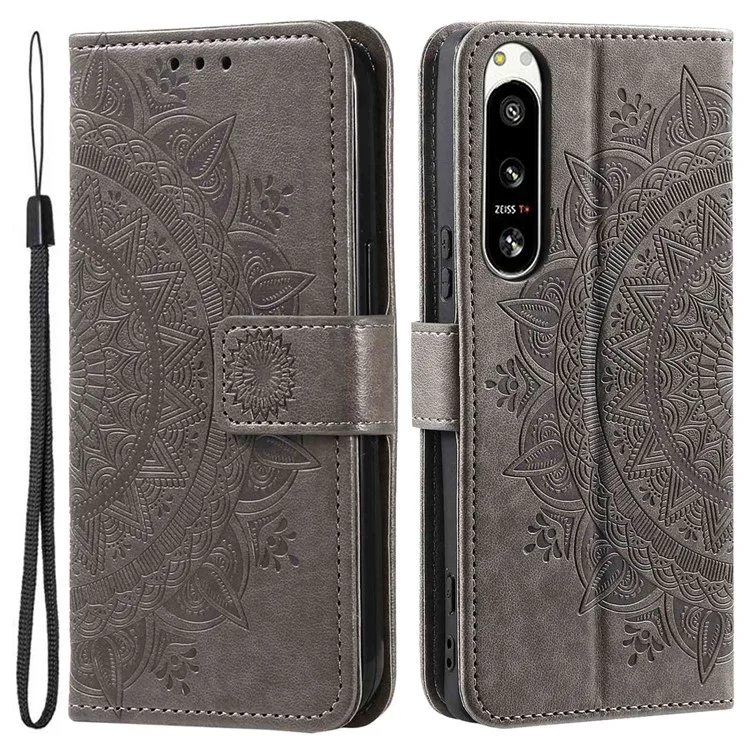 For Sony Xperia 5 IV 5G Mandala Flower Pattern Imprinted Phone Case Anti-drop PU Leather Flip Wallet Cover Stand - Grey
