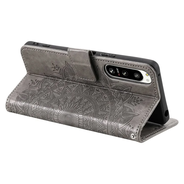 For Sony Xperia 5 IV 5G Mandala Flower Pattern Imprinted Phone Case Anti-drop PU Leather Flip Wallet Cover Stand - Grey