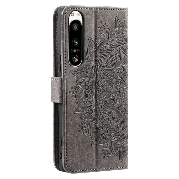 For Sony Xperia 5 IV 5G Mandala Flower Pattern Imprinted Phone Case Anti-drop PU Leather Flip Wallet Cover Stand - Grey