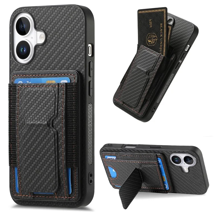 For iPhone 16 Plus Case with Card Holder Kickstand Fiber Pattern Leather Back Cover - Black