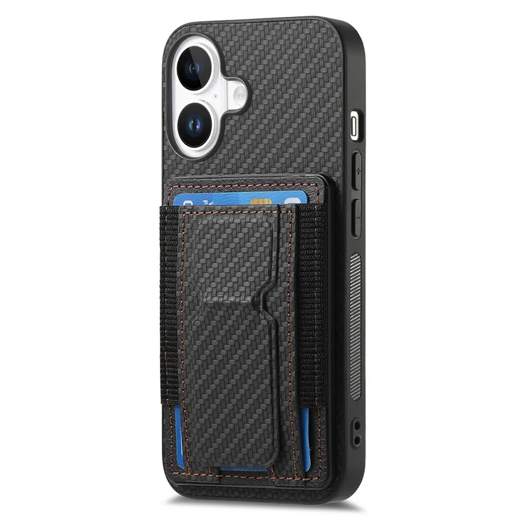 For iPhone 16 Plus Case with Card Holder Kickstand Fiber Pattern Leather Back Cover - Black
