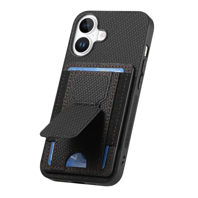 For iPhone 16 Plus Case with Card Holder Kickstand Fiber Pattern Leather Back Cover - Black