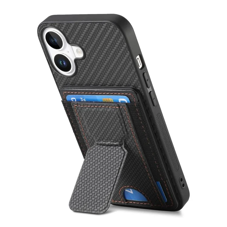 For iPhone 16 Plus Case with Card Holder Kickstand Fiber Pattern Leather Back Cover - Black
