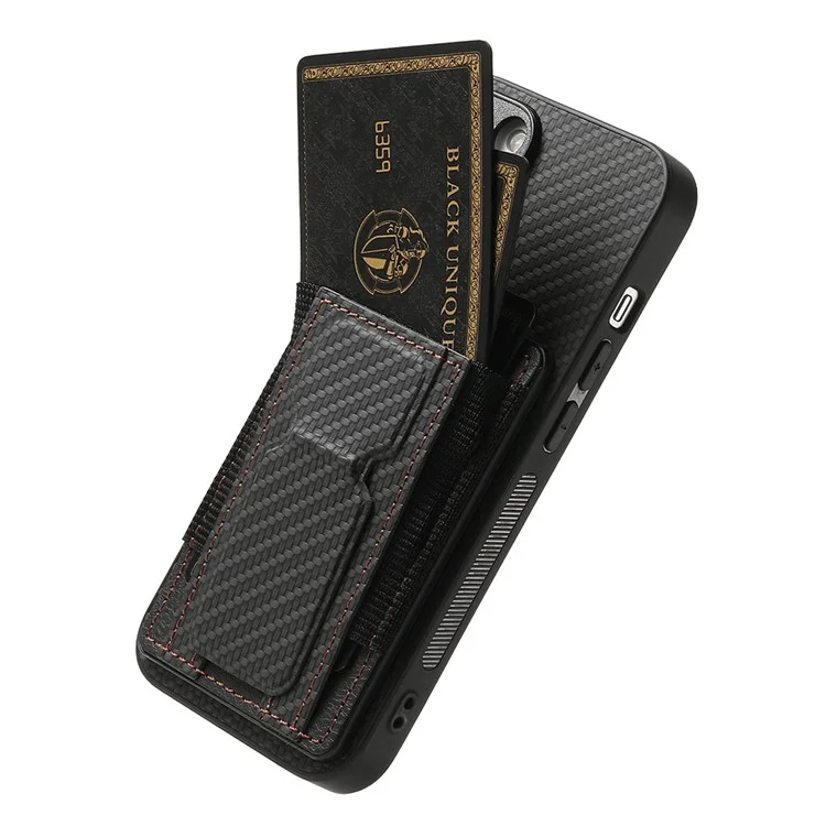 For iPhone 16 Plus Case with Card Holder Kickstand Fiber Pattern Leather Back Cover - Black