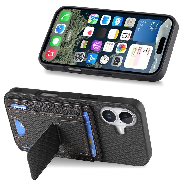 For iPhone 16 Plus Case with Card Holder Kickstand Fiber Pattern Leather Back Cover - Black